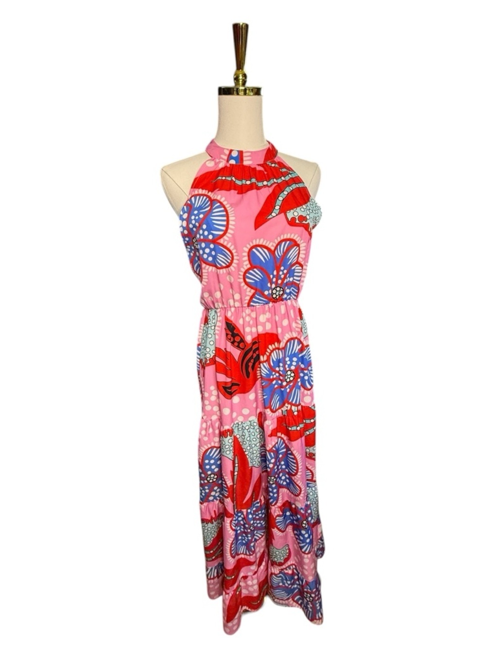 Sunday Up Pink Floral Halter Maxi Dress with Blue Accents Size S